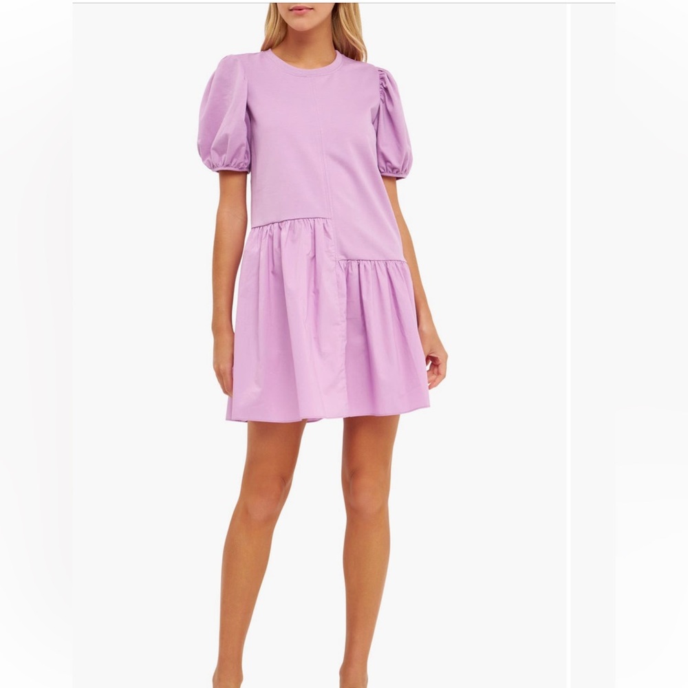 English Factory Puff Shoulder Mixed Media Dress